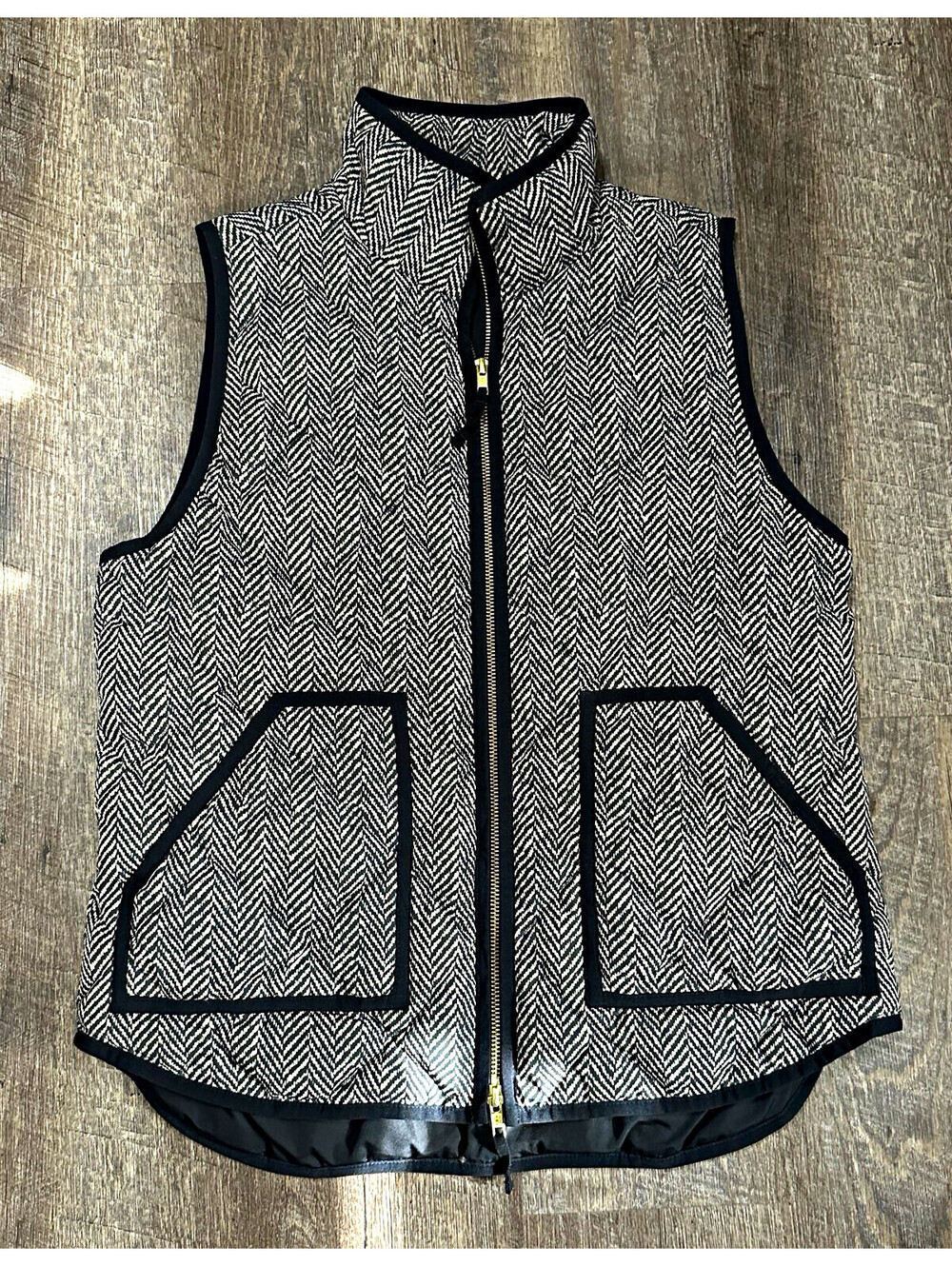 J.CREW Women’s Medium Black Puffer Vest Herringbone Full Zip Pockets